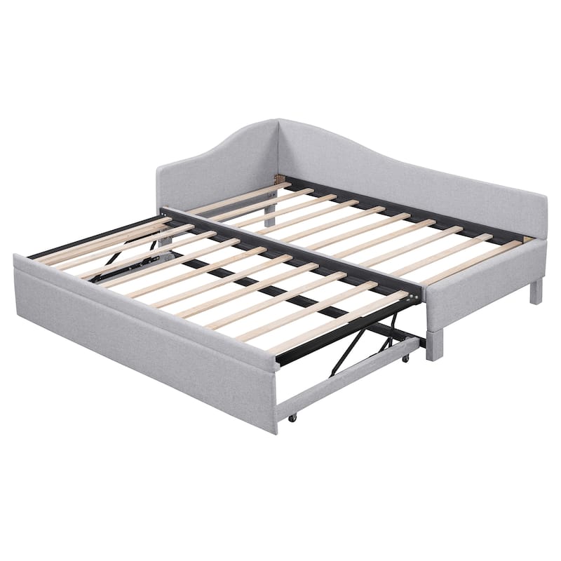 L-Shaped Daybed Twin To King Upholstered Daybed with Pop Up Trundle Linen & Wood Bed Frame for for Youth Teens or Adults