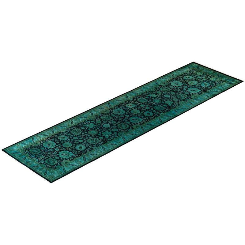 Overton Hand Knotted Wool Vintage Inspired Modern Contemporary Overdyed Green Area Rug - 3' 2" x 12' 0"