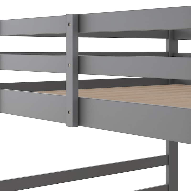 Twin/Full Size Wooden Floor Bunk Bed, Solid Pinewood Bunk Bed Frame with Double Ladders and Full Length Guardrail