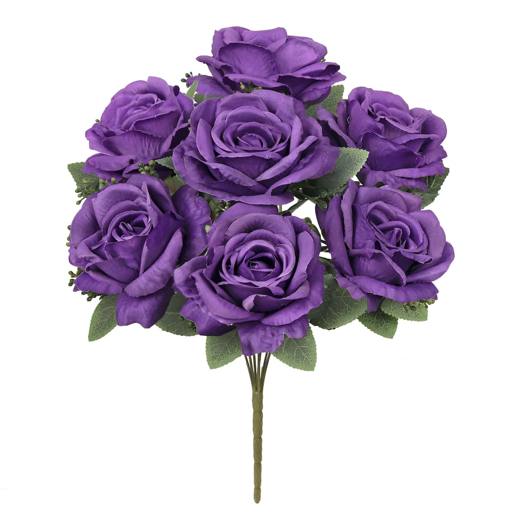 Set of 2 Deluxe Purple Artificial Elegant Rose Flower Stem Bush Bouquet 17in - 17" L x 10" W x 10" DP