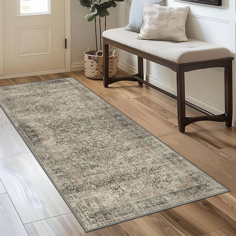 Mcow Floral Faded Low Pile Machine Washable Non-Slip Area Rug - 2'X7' - Green - Rectangle