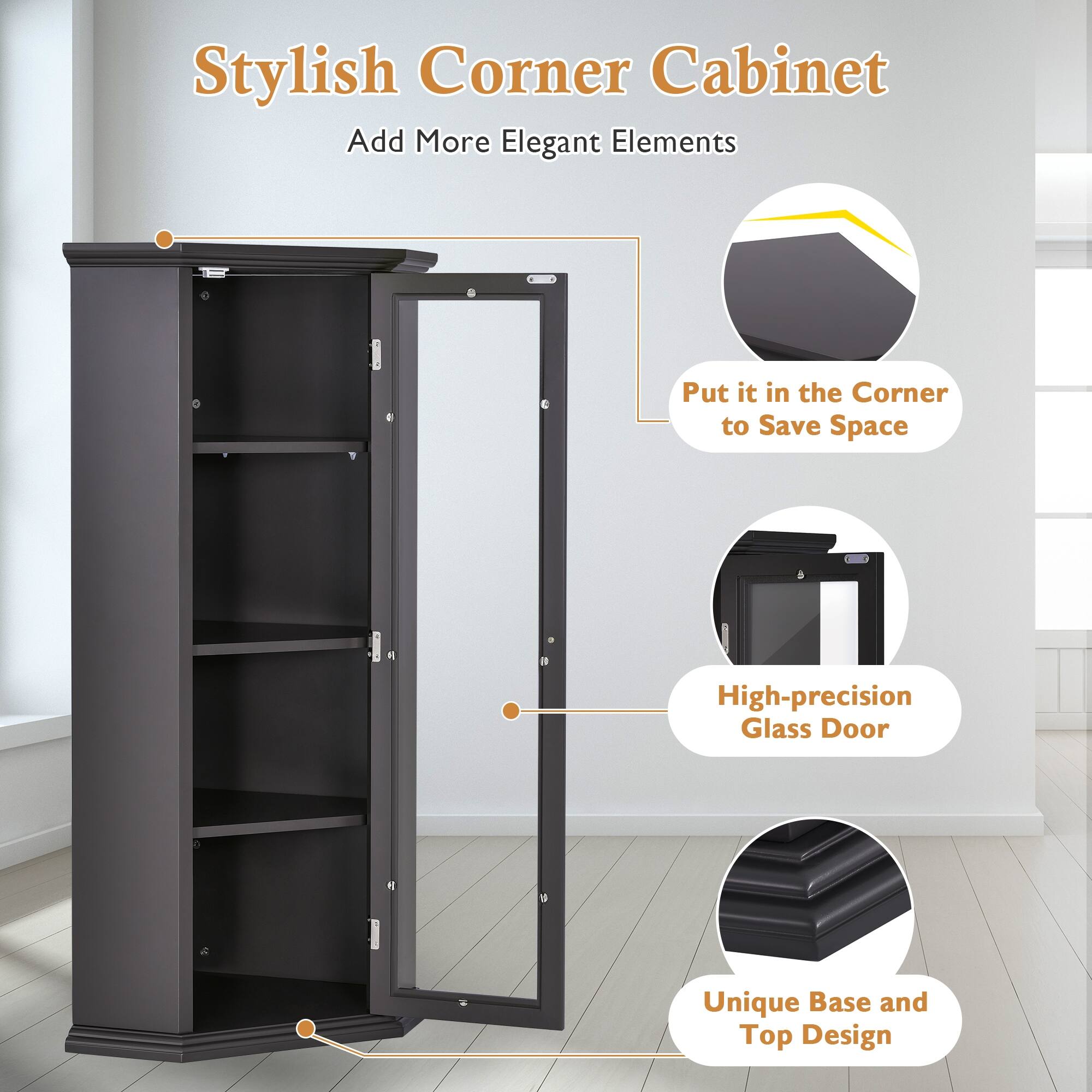 Freestanding Black & Brown Corner Bathroom Floor Storage
