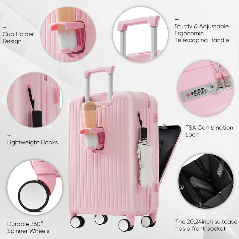 Luggage Set of 3, 20, 24, 28inch with USB Port, 20, 24inch with front opening design Airline Certified Carry on Luggage