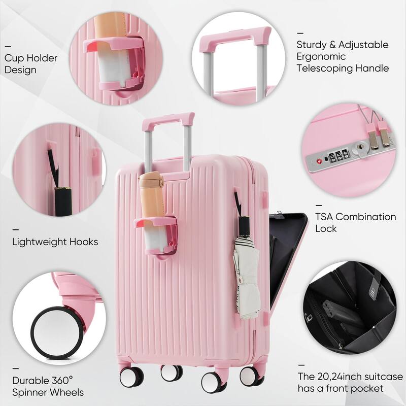 Luggage Sets 4 Piece with USB Charging Ports, Front-Opening Hardside Carry On Suitcase Set with TSA Lock Travel Duffel Bag