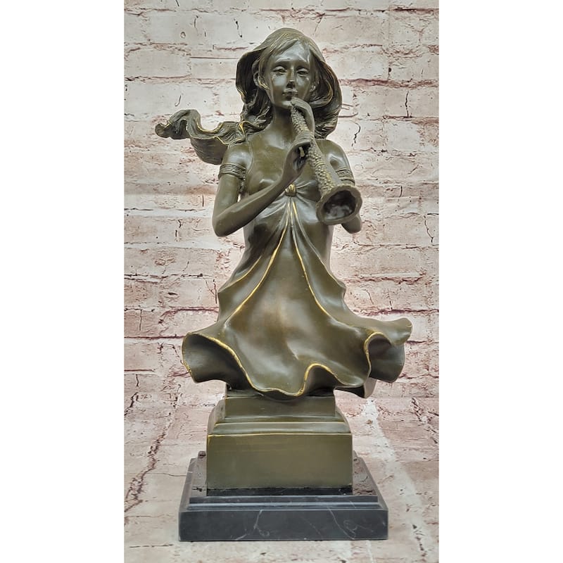 Graceful Woman Playing Flute – Bronze Art Nouveau-Style Statue