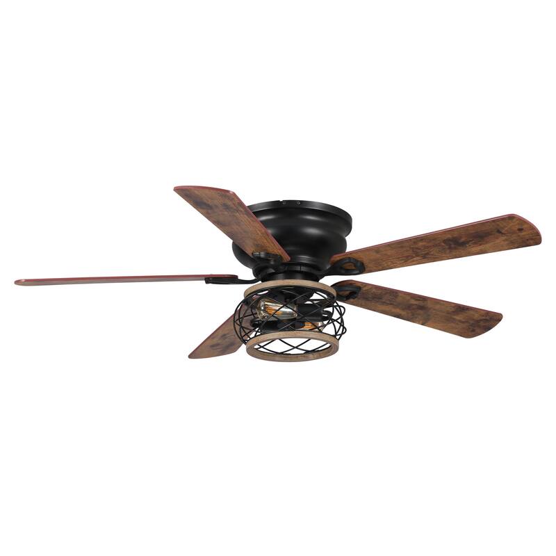 48" Antique Wooden 5-Blade Black Flush Mount Ceiling Fan with Light