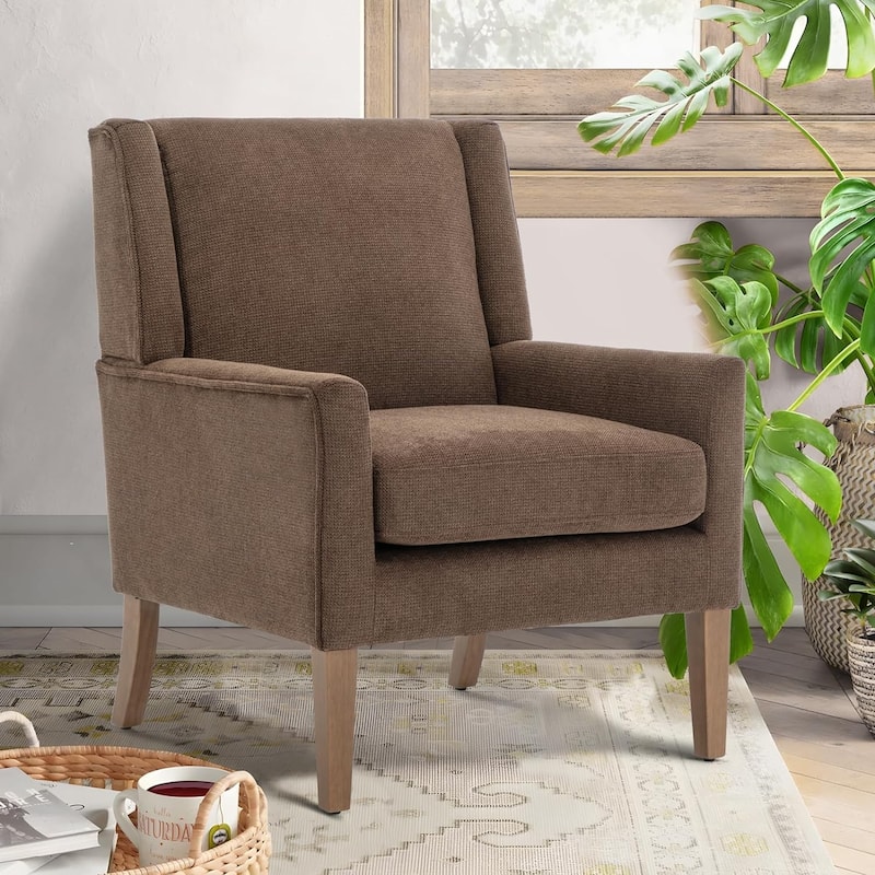 Mid-Century Linen Wing Chair - Tailored Channel Tufting & Walnut Tapered Legs, Compact Accent for Reading Nooks - 1 - Brown