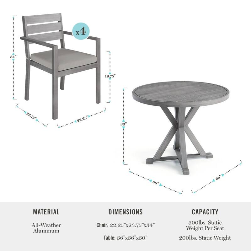 Martha Stewart All-Weather Patio Set with 36" Round Trestle Base Table and 4 Stack Armchairs - 22.25"W x 23.75"D x 34"H