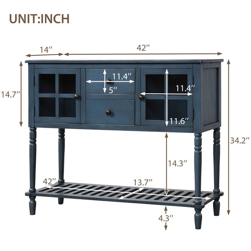 Sideboard Console Table with Bottom Shelf and Farmhouse Wood/Glass Buffet Storage Cabinet - 42"L x 14"W x 34.2"H