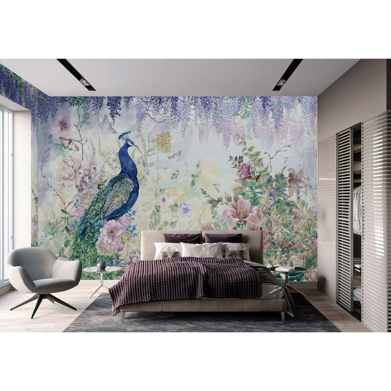 Peacock Wallpaper Mural with Floral and Wisteria Accents
