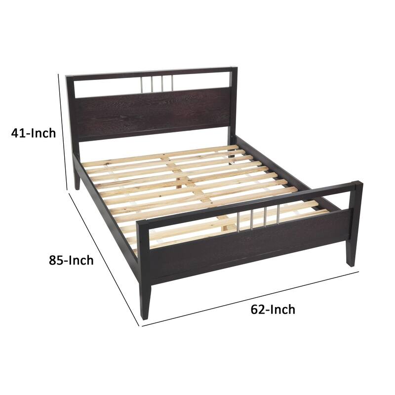 Fang Modern Queen Size Bed, Sleigh Headboard, Metal Bars, Espresso Brown