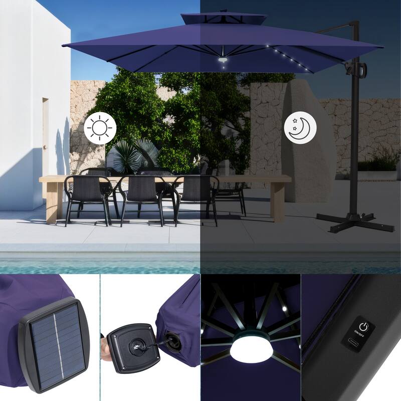 VredHom 11X11 FT Outdoor Square Cantilever Patio Umbrella Aluminum Solar LED Light with HDPE Base