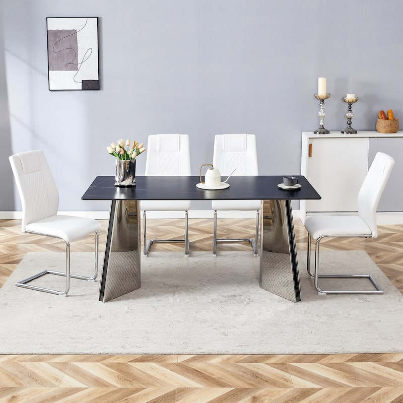 Modern Dining Set with Stainless Steel Butterfly Legs & High Back PU Chairs