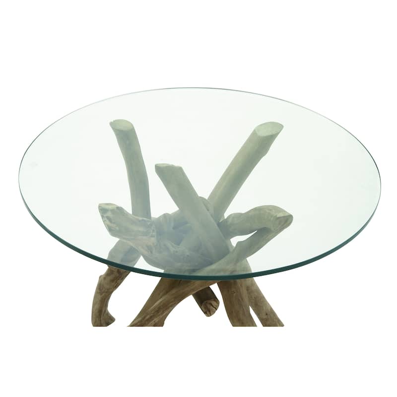 Wood Handmade Tree Branch Side End Accent Table with Clear Glass Top - Brown - Roche River Decor