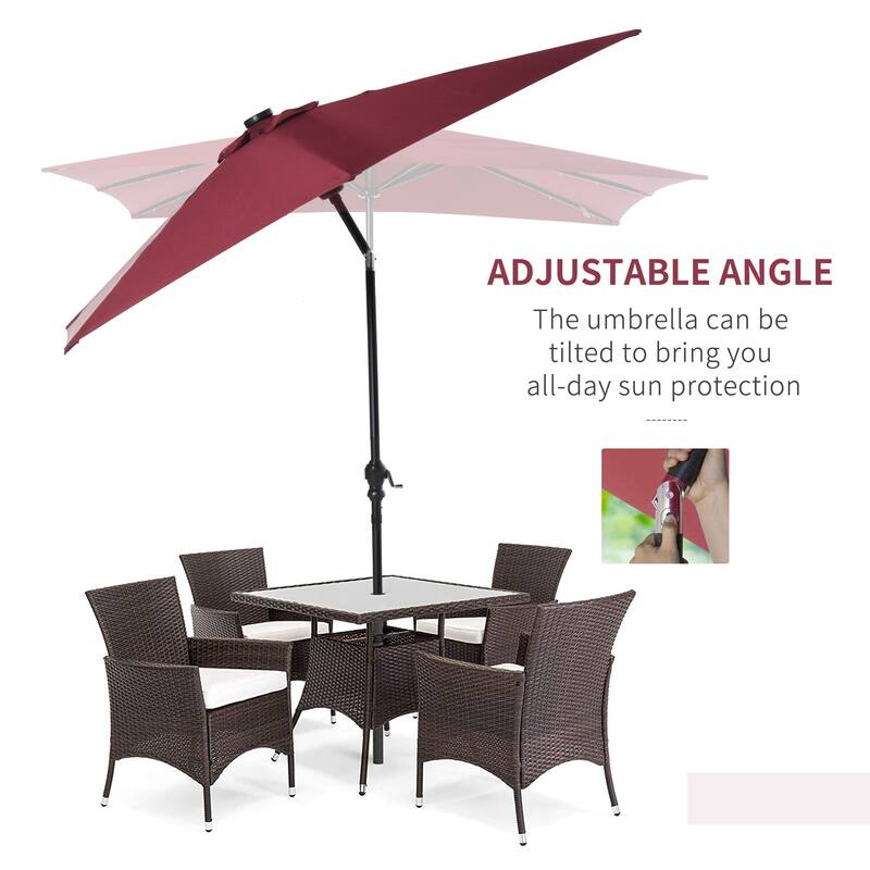 Outdoor terrace umbrella with tilting mechanism and LED lighting