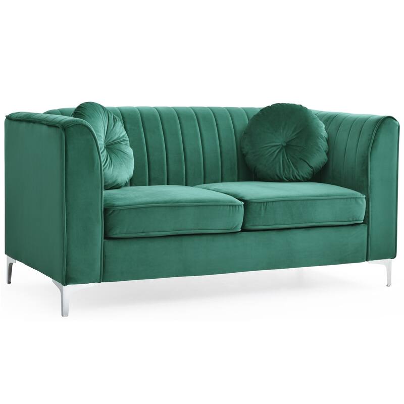 Velvet Microsuede Channel Tufted Loveseat with Throw Pillows - 65" - Green