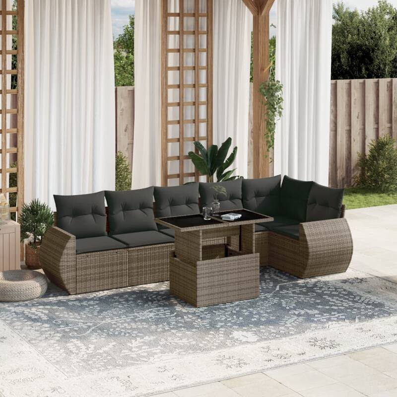 vidaXL Patio Sofa Set with Cushions Outdoor Furniture 7 Piece Poly Rattan - 21.7 x 39.4 x 28.7 - Grey