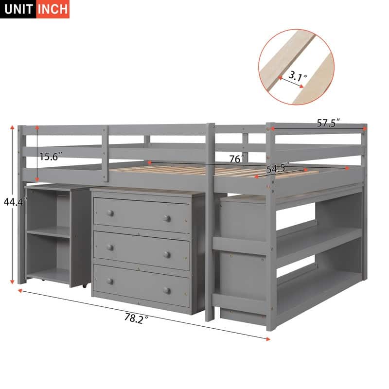 Full Size Kids Bed Loft Bed with Shelves and Desk, Gray Bed