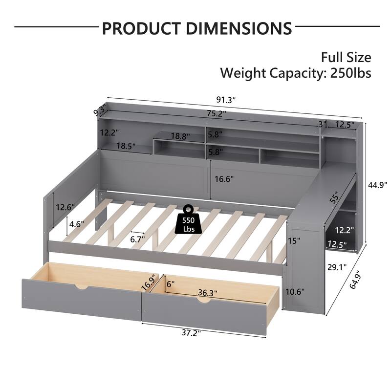 Multi-Functional Gray Twin/Full Size Daybed with Storage Shelves, Drawers, and Foot-End Study Desk