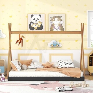 NO Slats Floor Tent Bed Bedroom Child Bed Frame Apex Roof Wooden Bed Tent Design for Brave Little Adventurer - Full - Black