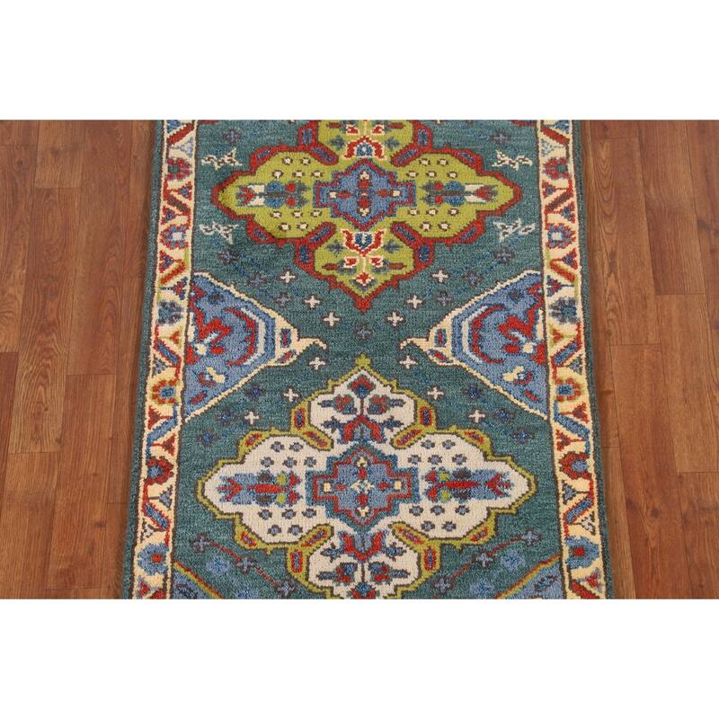 Green Geometric Kazak Oriental Runner Rug Hand-Knotted Wool Carpet - 2'6"x 9'10"