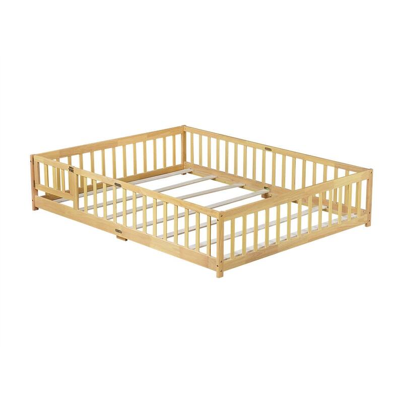 Twin/Full/Queen Size Floor Bed with Fence Guardrails and Door, Rubber Wood Toddler Bed Montessori Bed with Slats Support