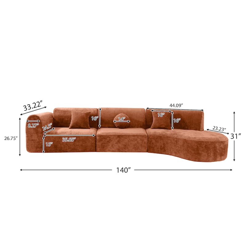 Christopher Knight Home - Curved 140" Upholstered Sectional Sofa with High-Density Fully Compressed Sponge and Chaise Lounge