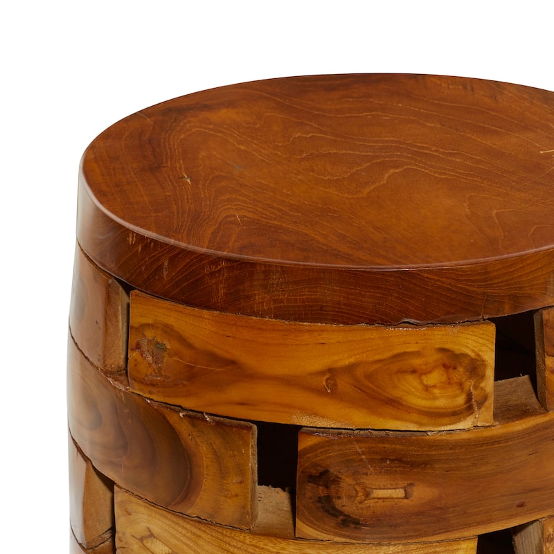 Teak Wood Drum Handmade Live Edge Accent Table with Brick Inspired Design - Brown or Light Brown - Roche River Decor