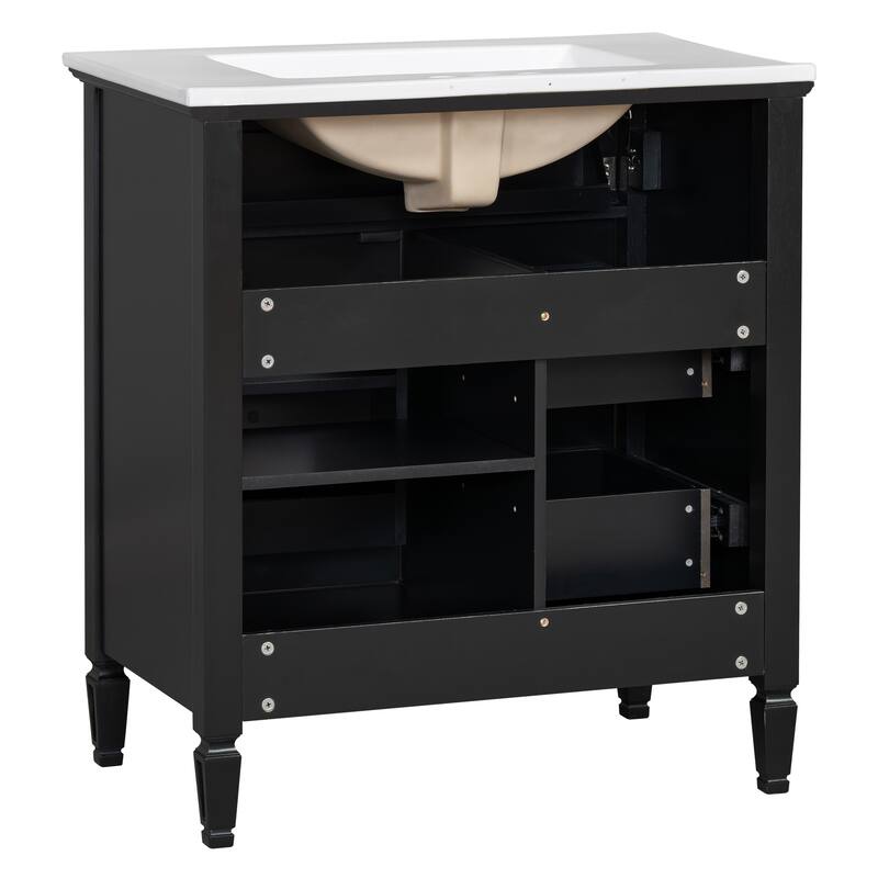 Roomfitters 30" Bathroom Vanity with Ceramic Sink, Solid Wood Frame with Flip Drawer, 2 Side Drawers & Adjustable Shelf