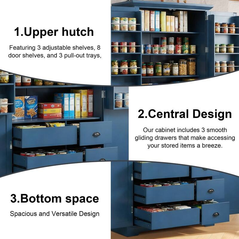 Freestanding 72"Tall Kitchen Pantry with Drawers, Door Shelves, Adjustable Shelves and Pull-out Trays