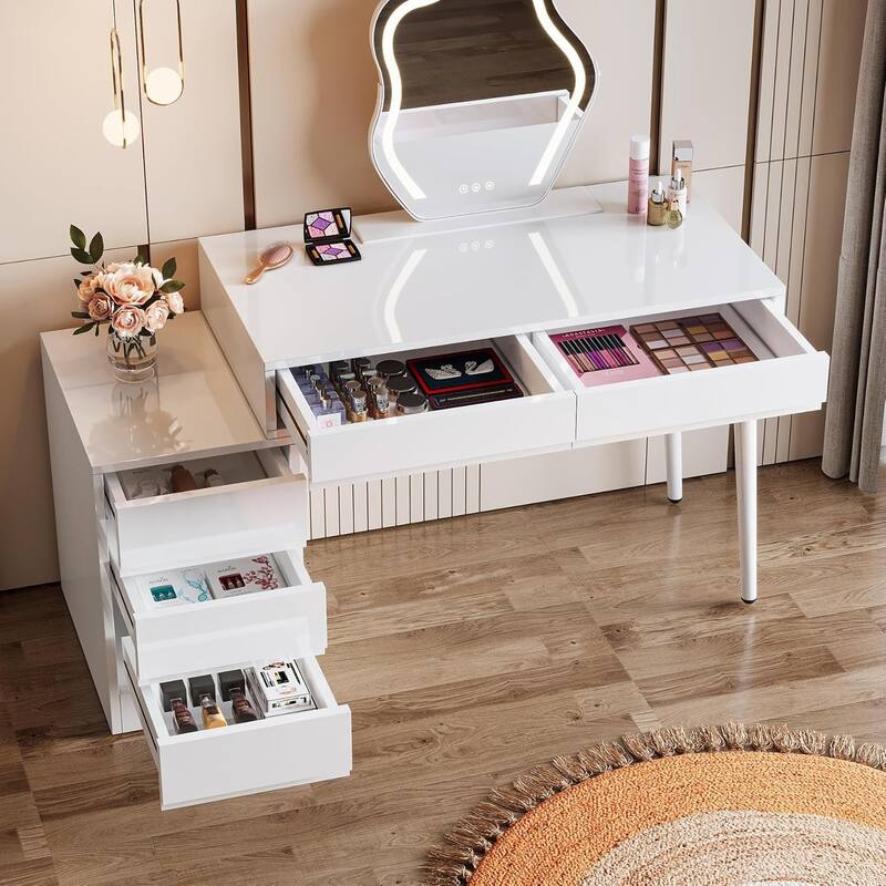 39" Modern White Desk with 5 Drawers & Printer Stand, Reversible Computer & Vanity Table