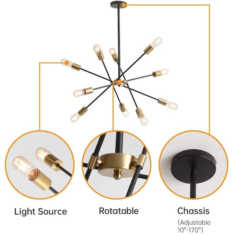 Modern Black 10-Light Branches Sputnik Chandelier For Kitchen Dining Room