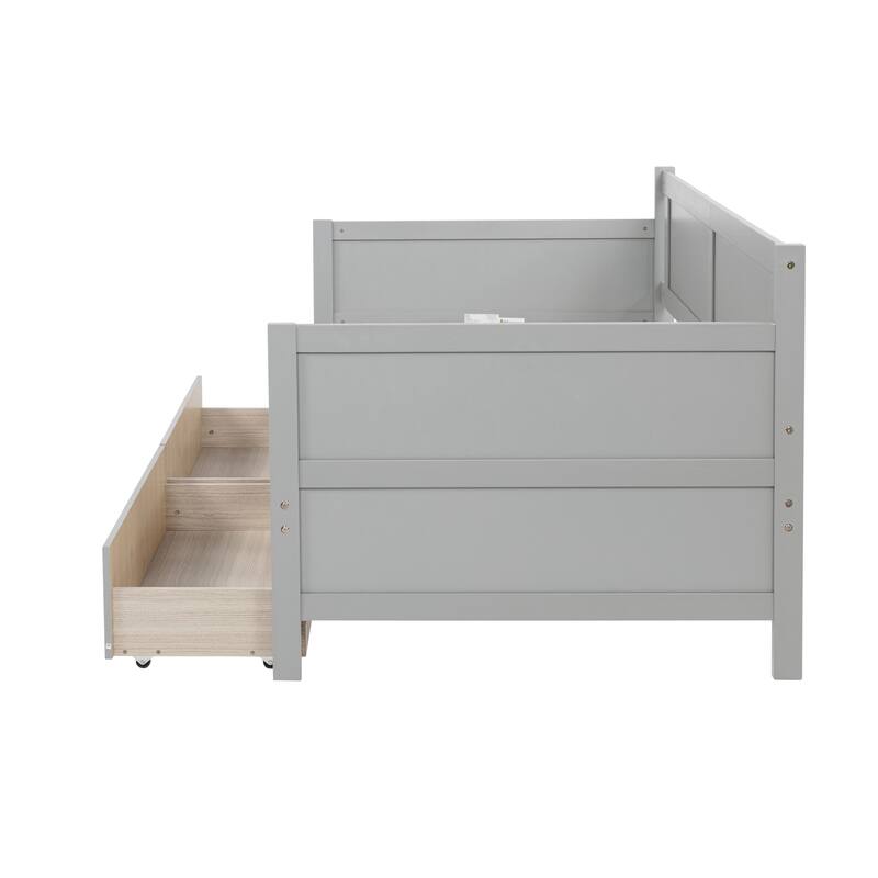 Pine Wood Sofa Bed, Twin Size Daybed with Pull-out Storage Drawers Storage Bed Platform Bed with Panel Headboard and Footboard