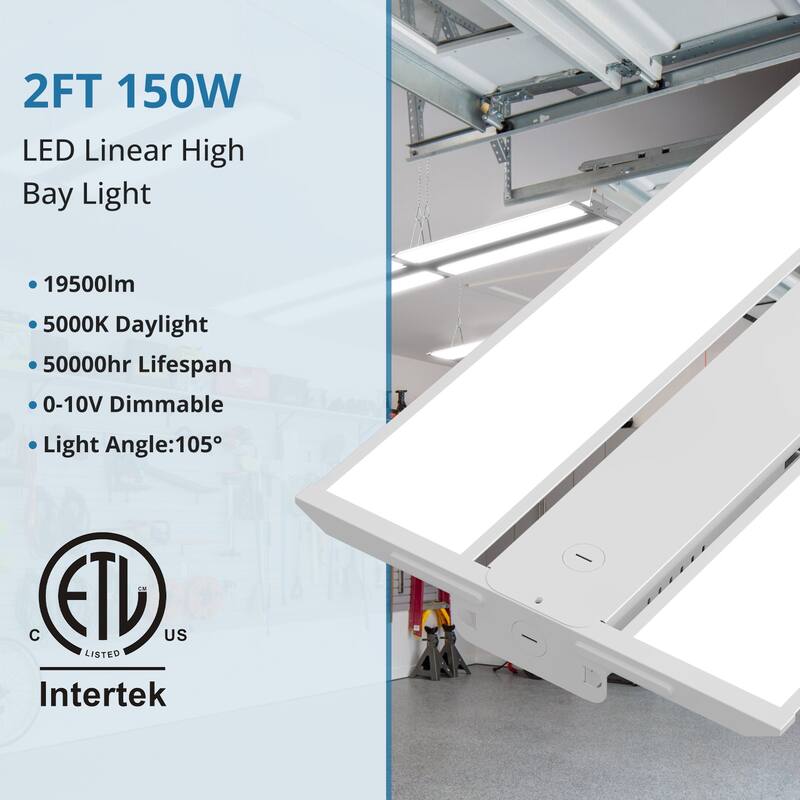 2 Pack 2FT LED Linear High Bay Shop Light, 150W LED Shop Light, 19500lm 130LM/W, 100-277V, 0-10V Dim, 5000K