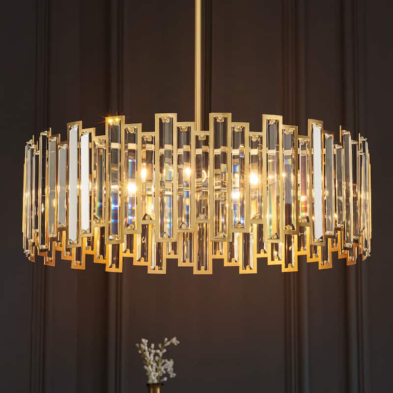 6-Light Modern Glam Crystal Chandelier Black/Gold Round Drum Chandelier for Dining Room - Brushed Brass