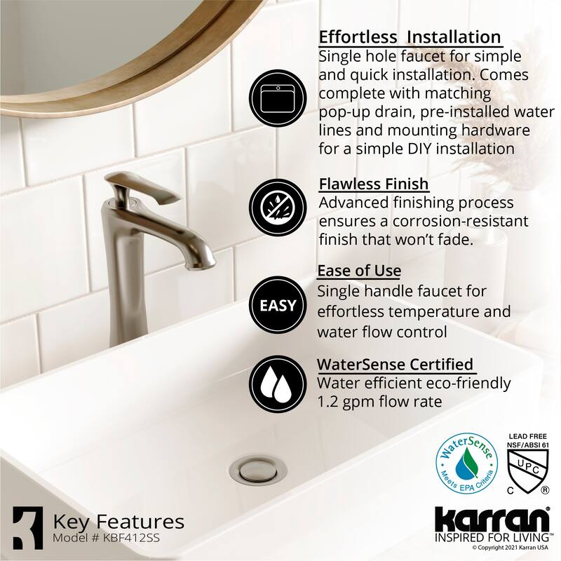 Karran Quattro Matte White Acrylic 19 in. Round Bathroom Vessel Sink with Faucet and drain in Stainless Steel