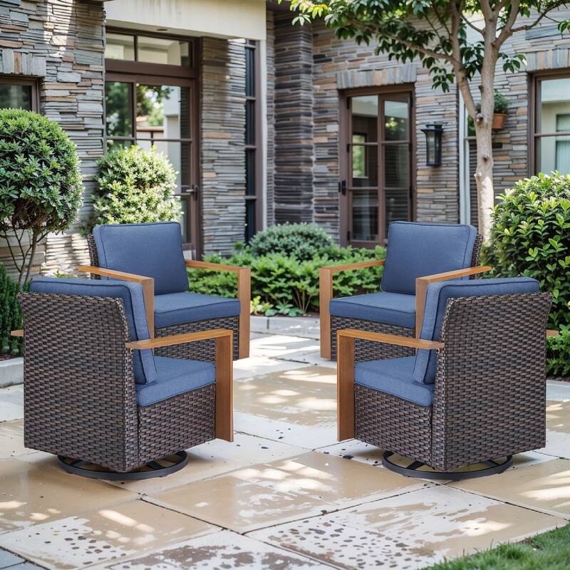Pocassy Outdoor Patio Chairs Set for Garden Yards - 4 Pieces Swivel Chairs - Brown Wicker Blue Cushion