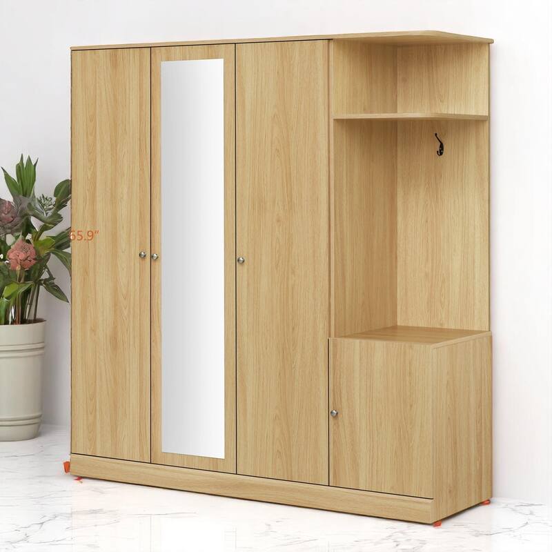 Modern Particle Board Wardrobe with Mirror, 2 Hanging Rails, 1 Drawer, Shelves and Safety Lock, 65.9" Tall