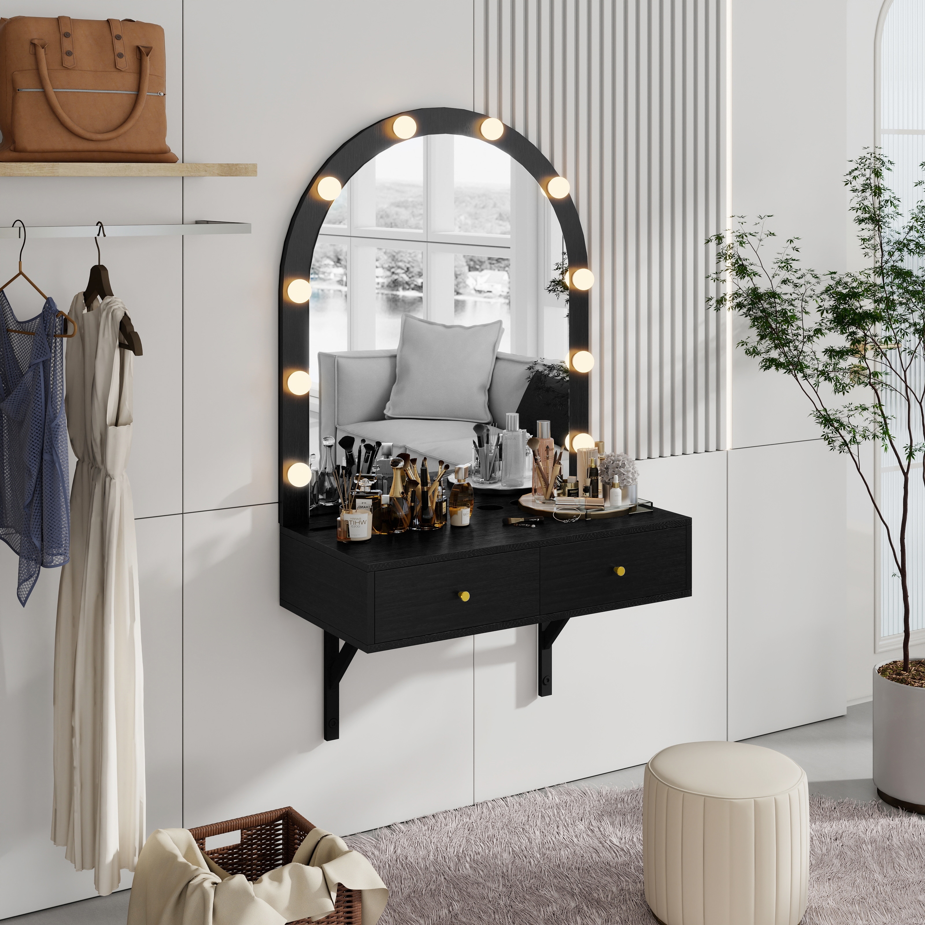 Floating Makeup Vanity Desk Wall Dressing Table with Power Outlet, Mirror and Lights