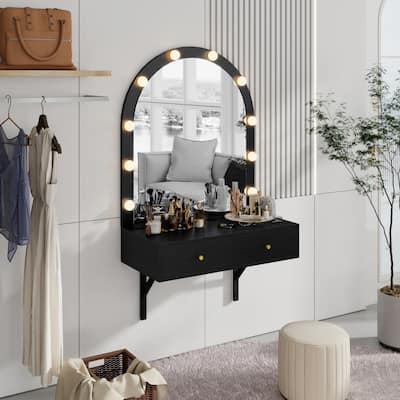 Floating Makeup Vanity Desk with Mirror & 3-Color Lights, Wall Dressing Table with Power Outlet, Compact vanity, Large Storage
