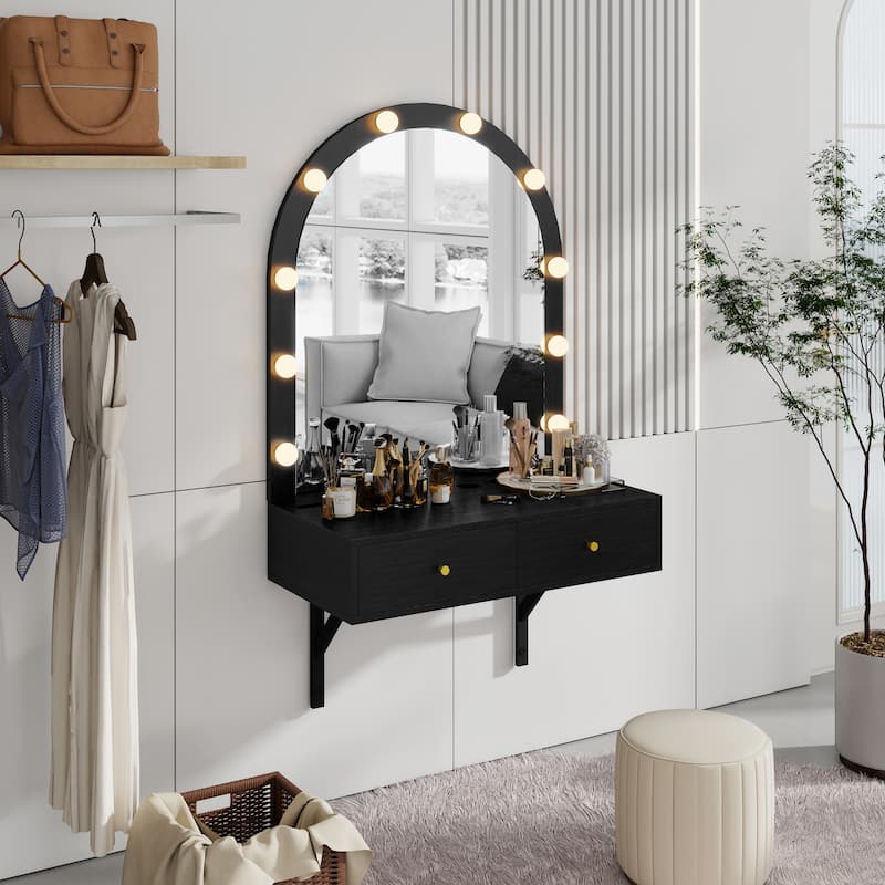 Floating Makeup Vanity with Mirror,3-Color Lights and Power Outlet - Black