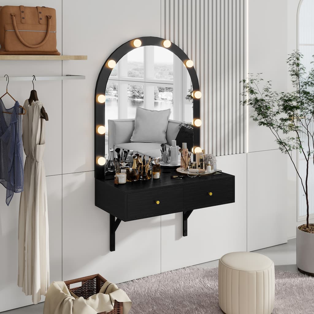 Floating Makeup Vanity with Mirror,3-Color Lights and Power Outlet