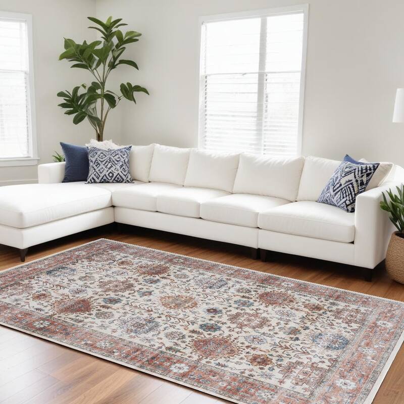 Power Loomed Distressed Floral Traditional Non Skid Stain Resistant Low Pile Area Rug - 118' X '94' X '0.25 - 118' X '94' X '0.25 - Red - Rectangle