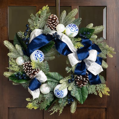 Frosted Pine with Blueberries, Bows and Ornaments Christmas Wreath - 24" - Unlit
