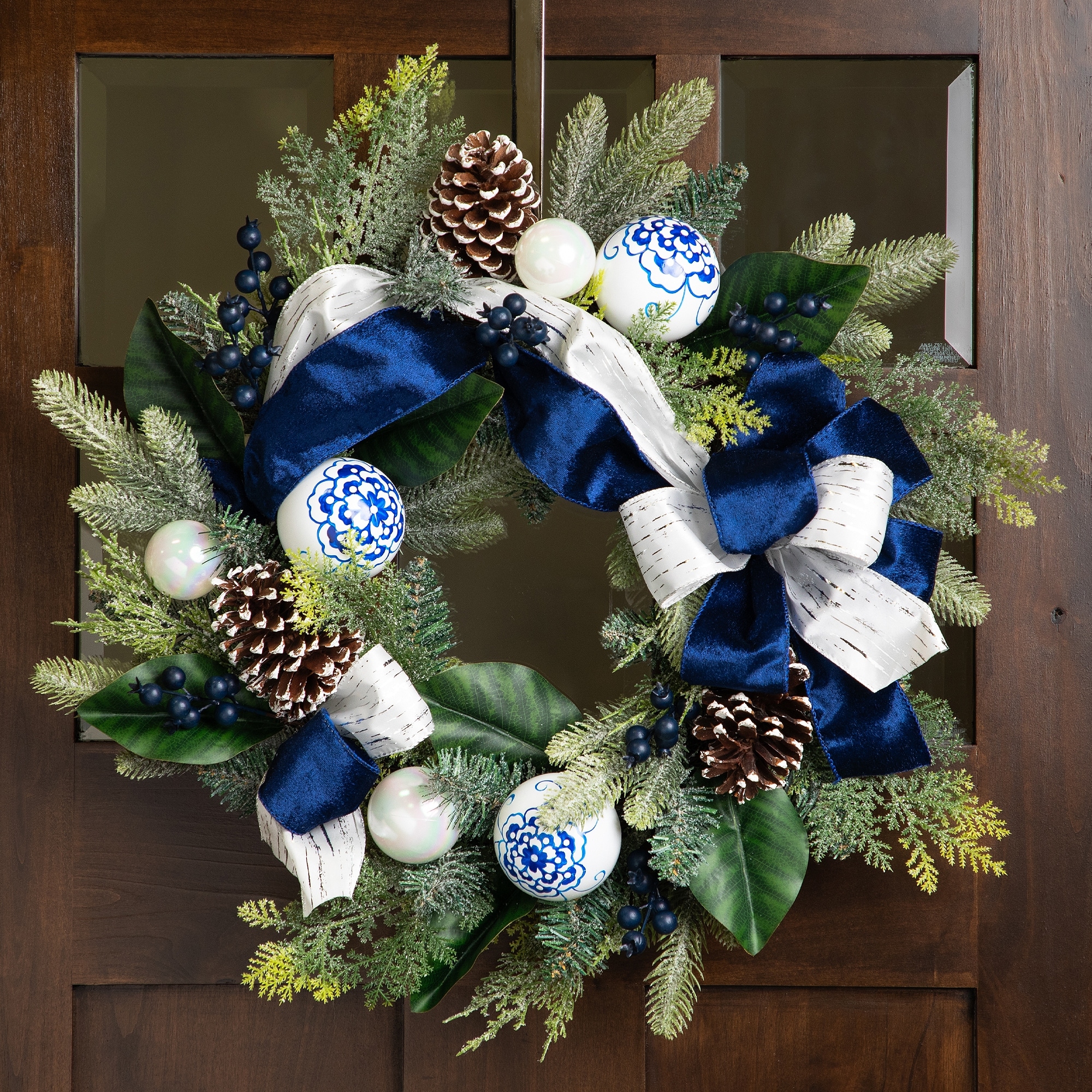 Frosted Pine Blueberries, Bows Ornaments Christmas Wreath 24" Unlit