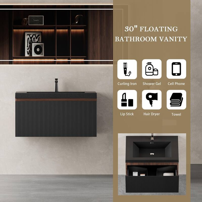 GDFStudio - Parker 30-Inch Floating Bathroom Vanity with Quartz Sand Basin and Fluted Storage Drawer