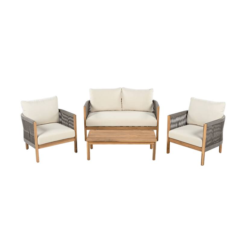 Christopher Knight Home - Amelie Outdoor 4-Piece Acacia Lounge Set - Loveseat, Club Chairs, & Coffee Table with Cushions