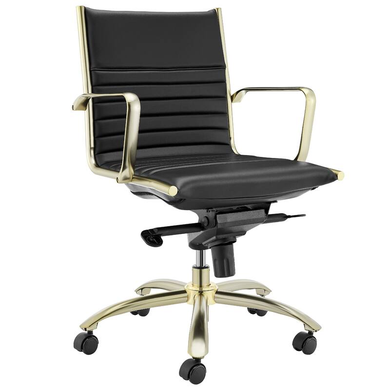 Black and Gold Steel and Faux Leather Adjustable Swivel Rolling Conference Office Chair - 23.43' X '38' X '22.05