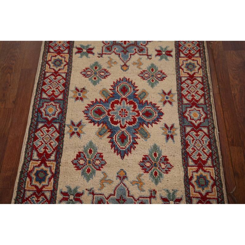 Geometric Kazak Foyer Rug Hand-Knotted Beige Wool Carpet - 1'11" x 2'11"
