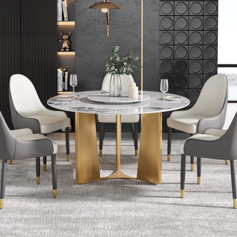 53" Modern Round Dining Table with Marble Top for 4-6, Sintered Stone Kitchen Table with Dining Table with Metal Legs